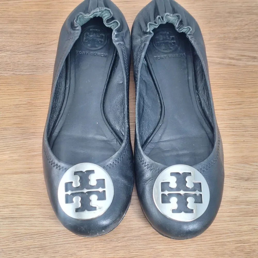 Tory Burch Minnie Travel Womens 7 Ballet Flats Black Leather Gold Logo Medallion